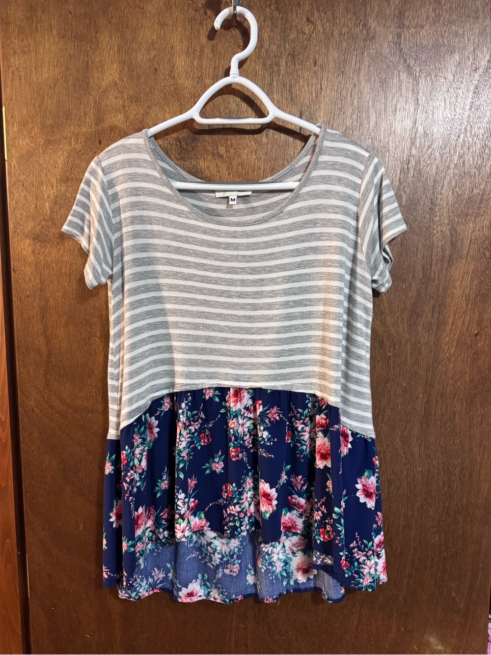 Grace & Lace Striped and Floral Mixed Media Soft Top Size M